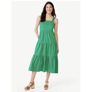 Womens 100% Cotton Tiered Ruffled Midi Sundress Green Small Resortwear Vacation